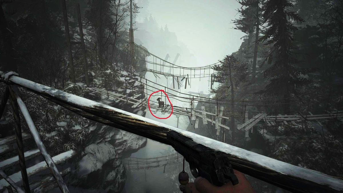 Edited in-game screenshot of a Goat of Warding in Resident Evil Village
