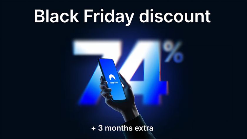 NordVPN Black Friday 2025 discount graphic. The image shows a hand holding a mobile phone displaying the NordVPN logo, in front of a large 74% graphic. white text at the top and bottom says Black Friday discount and + 3 months extra. 