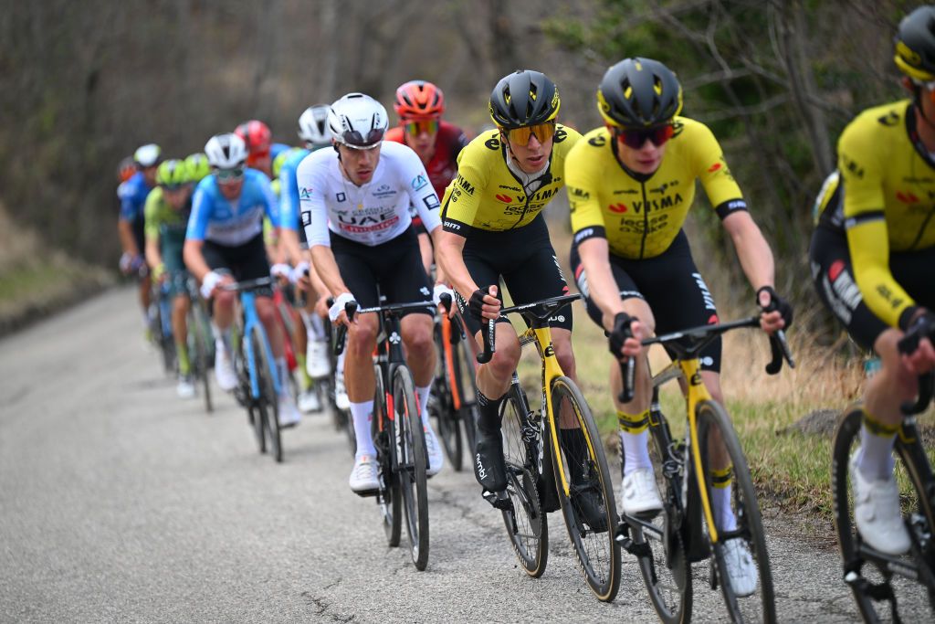 VALLE CASTELLANA ITALY MARCH 08 Cian Uijtdebroeks of Belgium and Team VismaLease A Bike competes during the 59th TirrenoAdriatico 2024 Stage 5 a 144km stage from Torricella Sicura to Valle Castellana 615m UCIWT on March 08 2024 in Valle Castellana Italy Photo by Tim de WaeleGetty Images