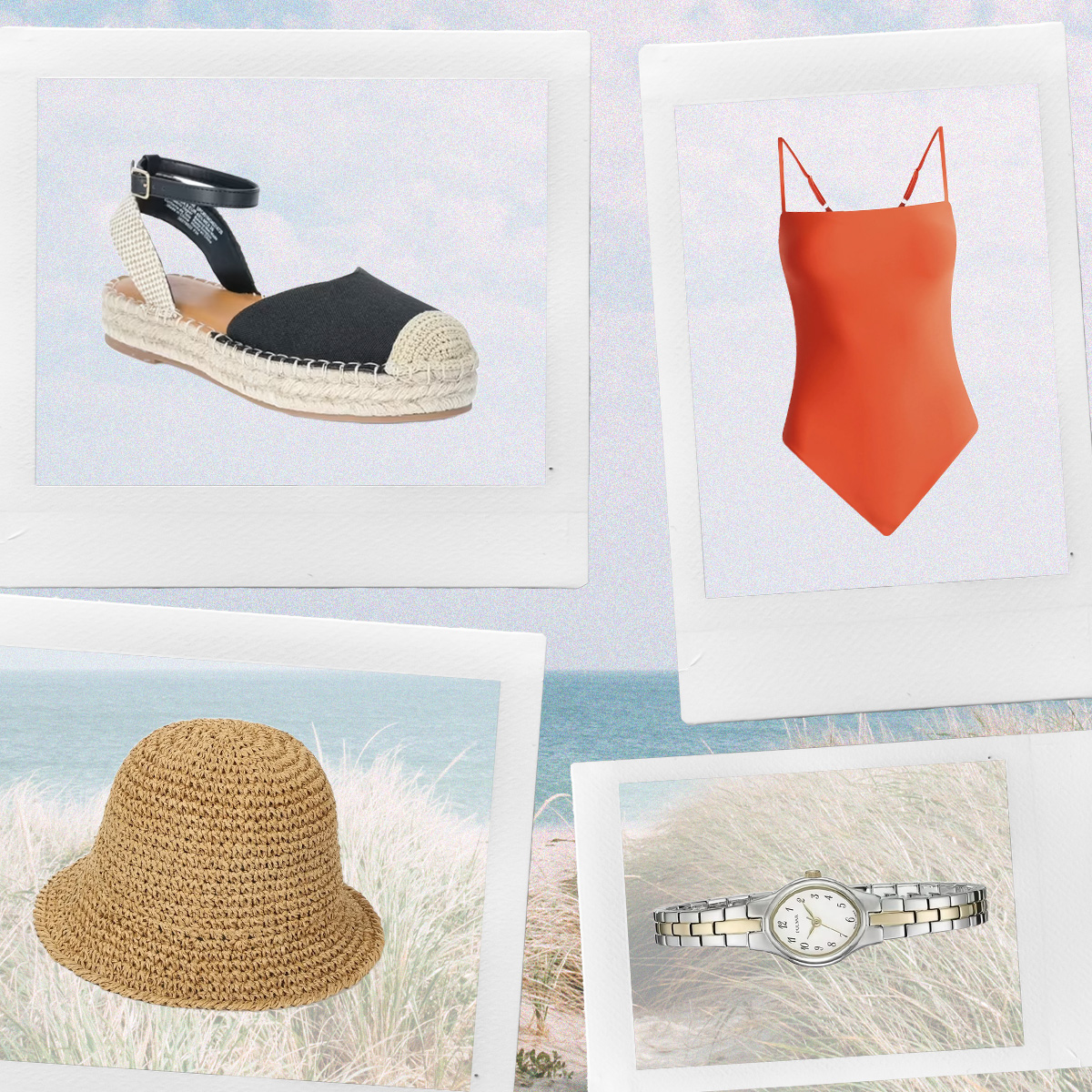 Collage of espadrille shoe, red bathing suit, straw hat, and silver watch from Walmart