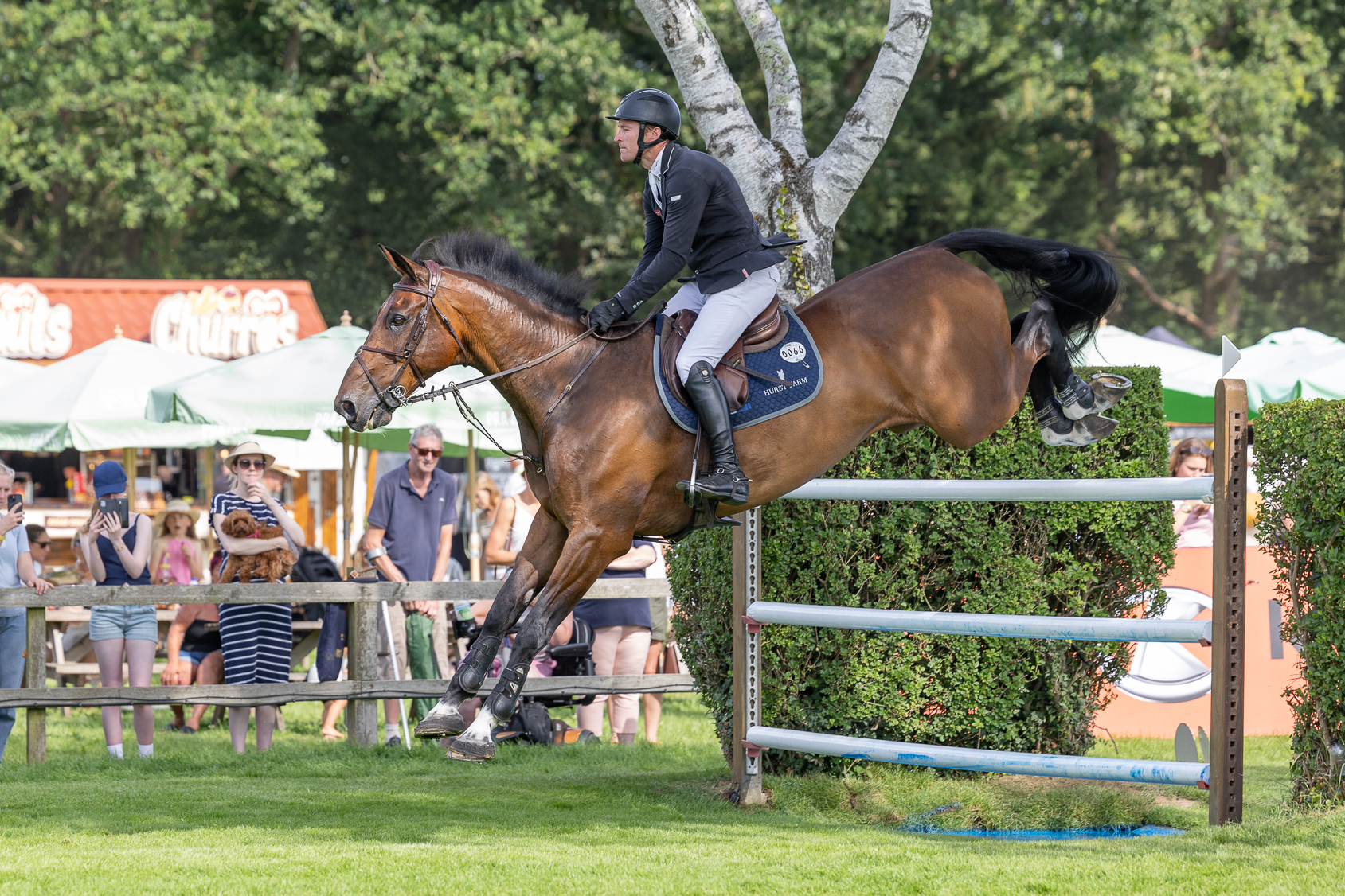 Flamboyant III jumping through the double of ditches early on the course for the 2026 Hickstead Derby, with William Whitaker riding.