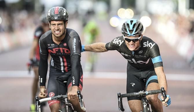 Adam Blythe (NFTO) wins the race and is congratualted by Ben Swift as he crosses the finish line