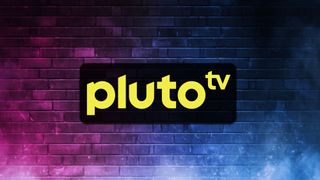 Pluto TV logo on a smoky blue and pink brick background