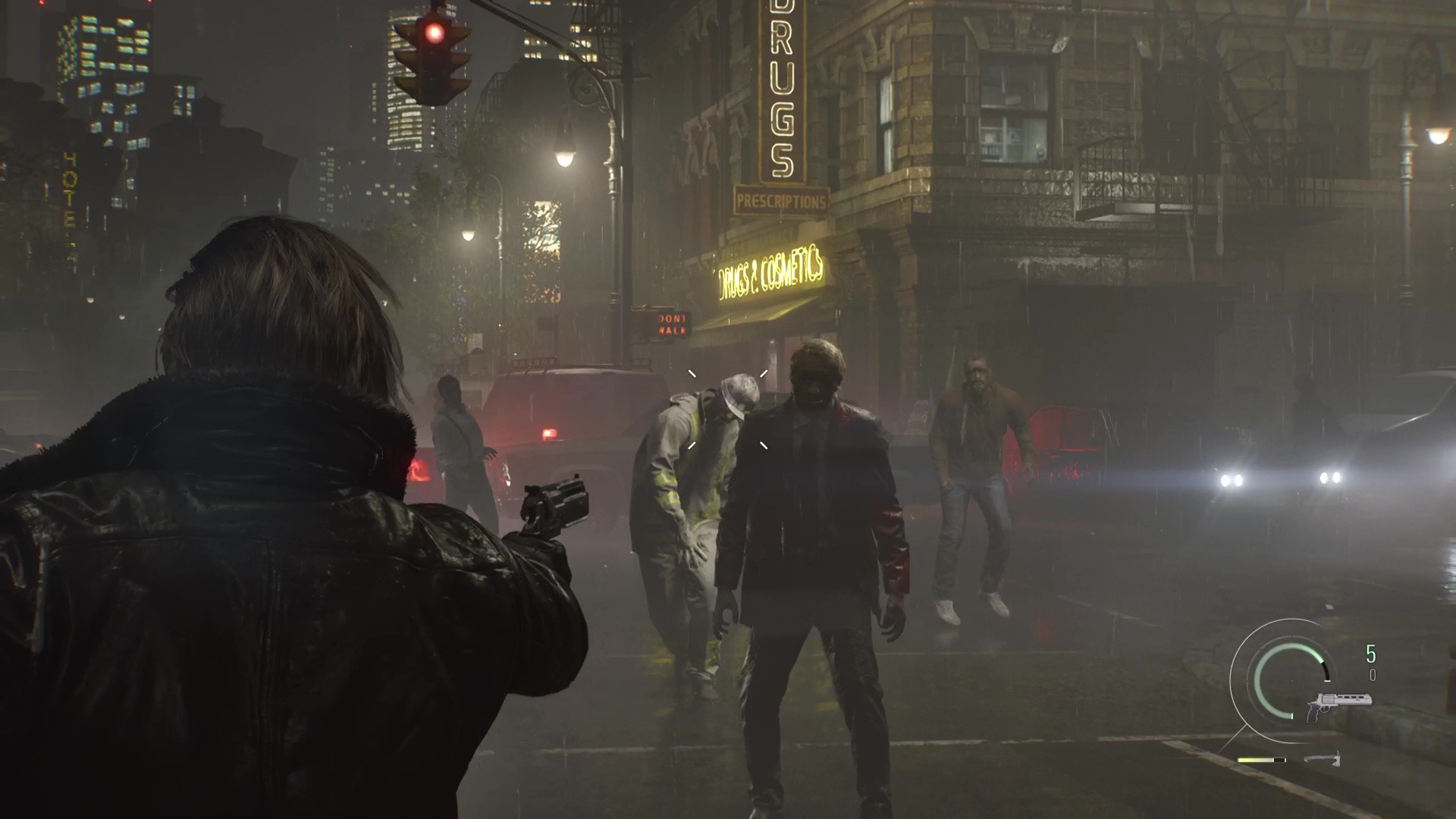 Leon Kennedy aims the Requiem revolver at oncoming zombies in the streets at night in Resident Evil Requiem's opening