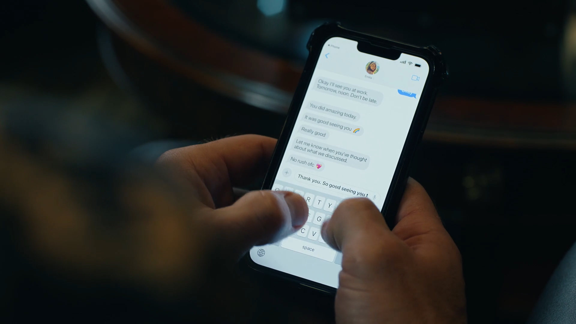 Chris Smith replying to a bunch of text messages from Emilia Harcourt 2 in Peacemaker season 2 episode 3