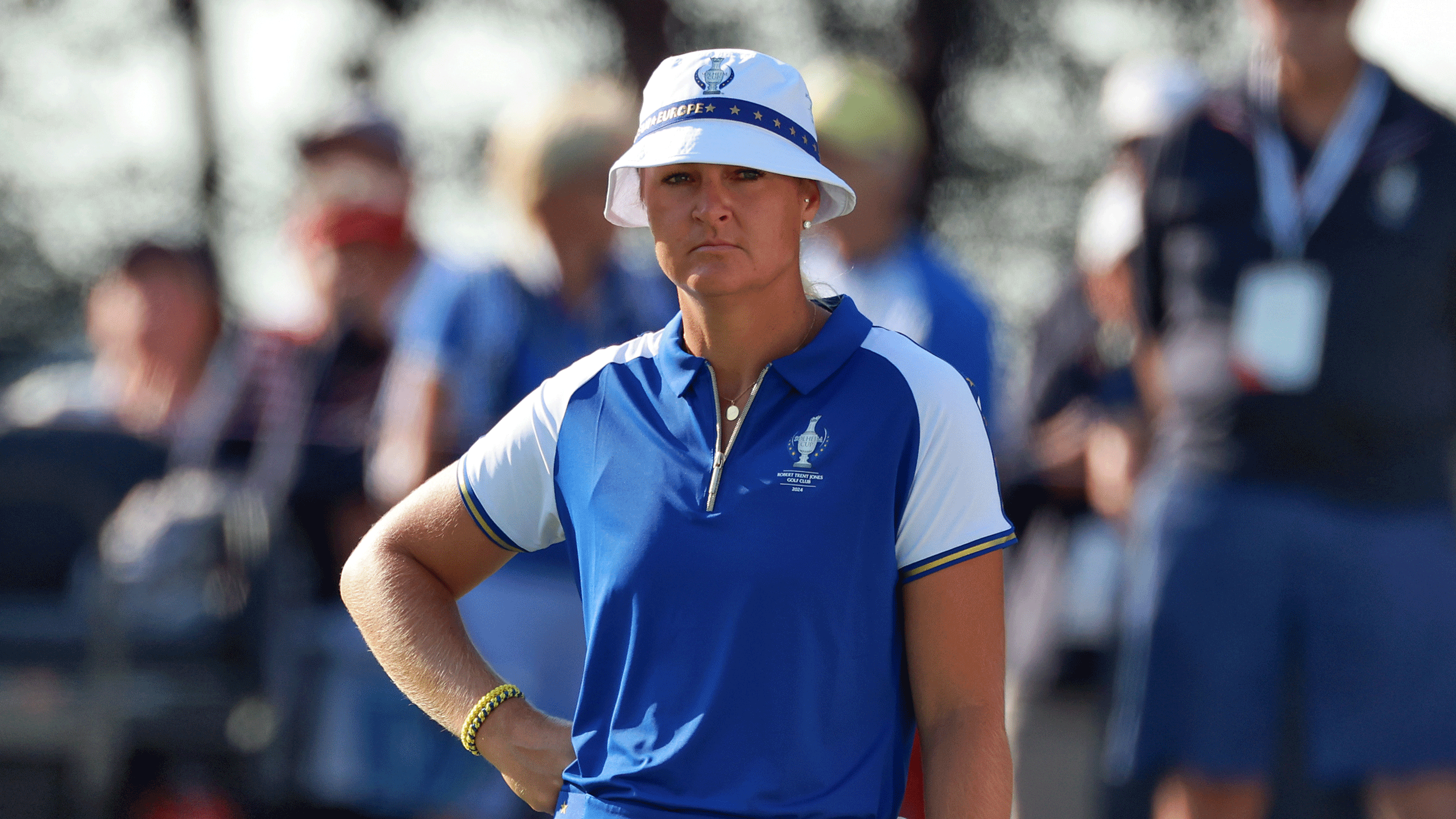Anna Nordqvist stands with one arm on her hip during the 2024 Solheim Cup