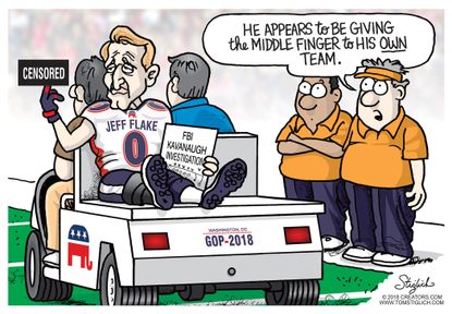 Political cartoon U.S. Jeff Flake vote FBI Brett Kavanaugh investigation GOP football Earl Thomas