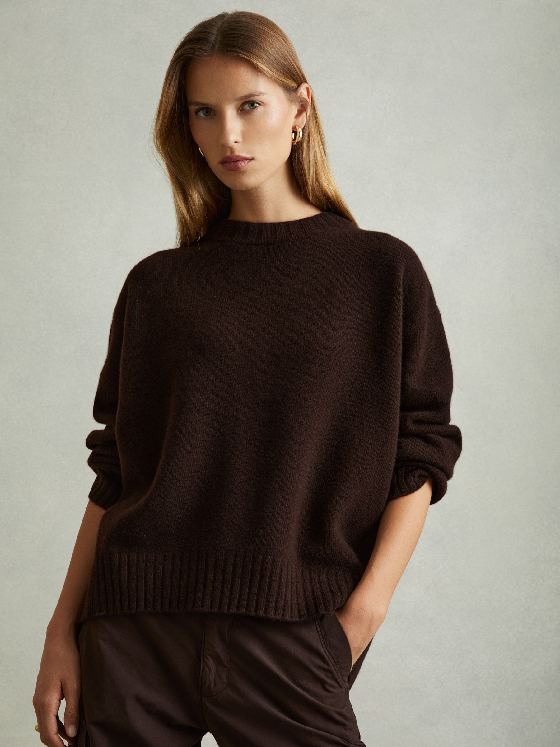 Wool-Cashmere Crew Neck Jumper in Chocolate