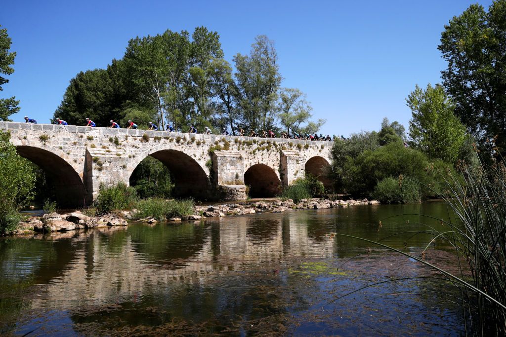 BURGOS SPAIN AUGUST 15 A general view of the peloton during the 76th Tour of Spain 2021 Stage 2 a 1667km stage from Caleruega Monasterio de Santo Domingo de Guzmn to Burgos Gamonal lavuelta LaVuelta21 CapitalMundialdelCiclismo on August 15 2021 in Burgos Spain Photo by Gonzalo Arroyo MorenoGetty Images