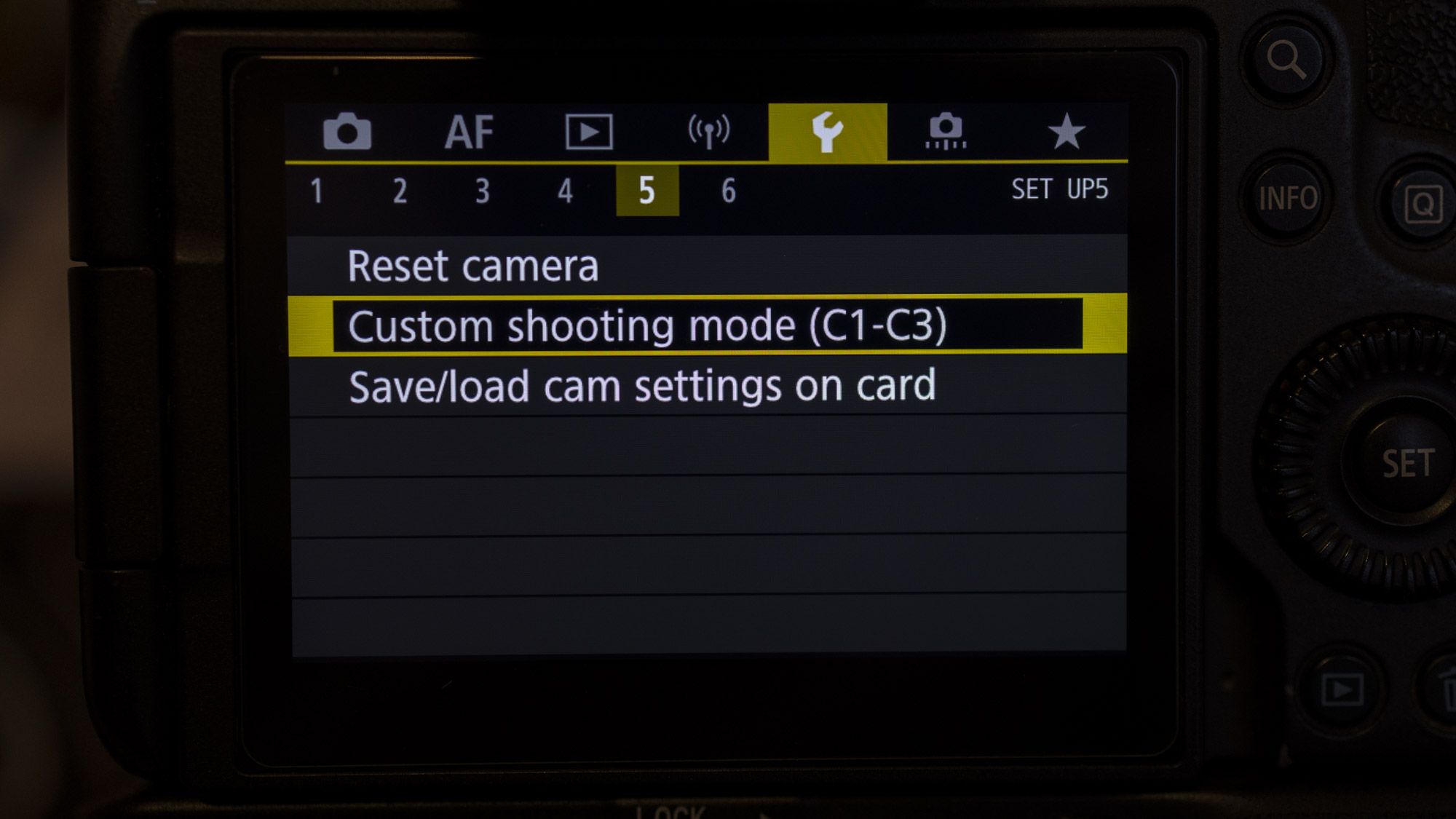 The back LCD screen of a Canon EOS R5 showing the Custom C1-C3 settings menu