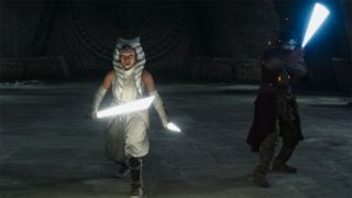 Still from the Star Wars T.V. series Ahsoka (season 1, episode 8). Ahsoka and Ezra battle together.