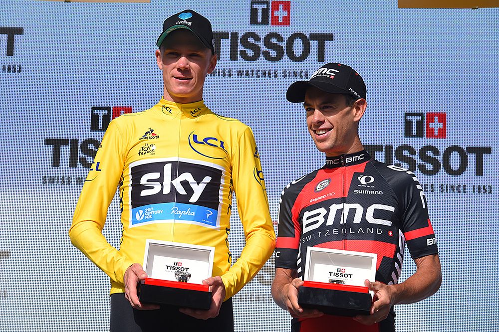 Chris Froome (Team Sky) and Richie Porte (BMC) who won the "prix Bernard Hinault" as the fastest rider on the C&ocirc;te de Domancy