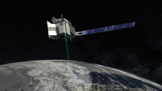 An artist's depiction of NASA's ICE-Sat2 satellite at work measuring ice height. The mission launches in September.