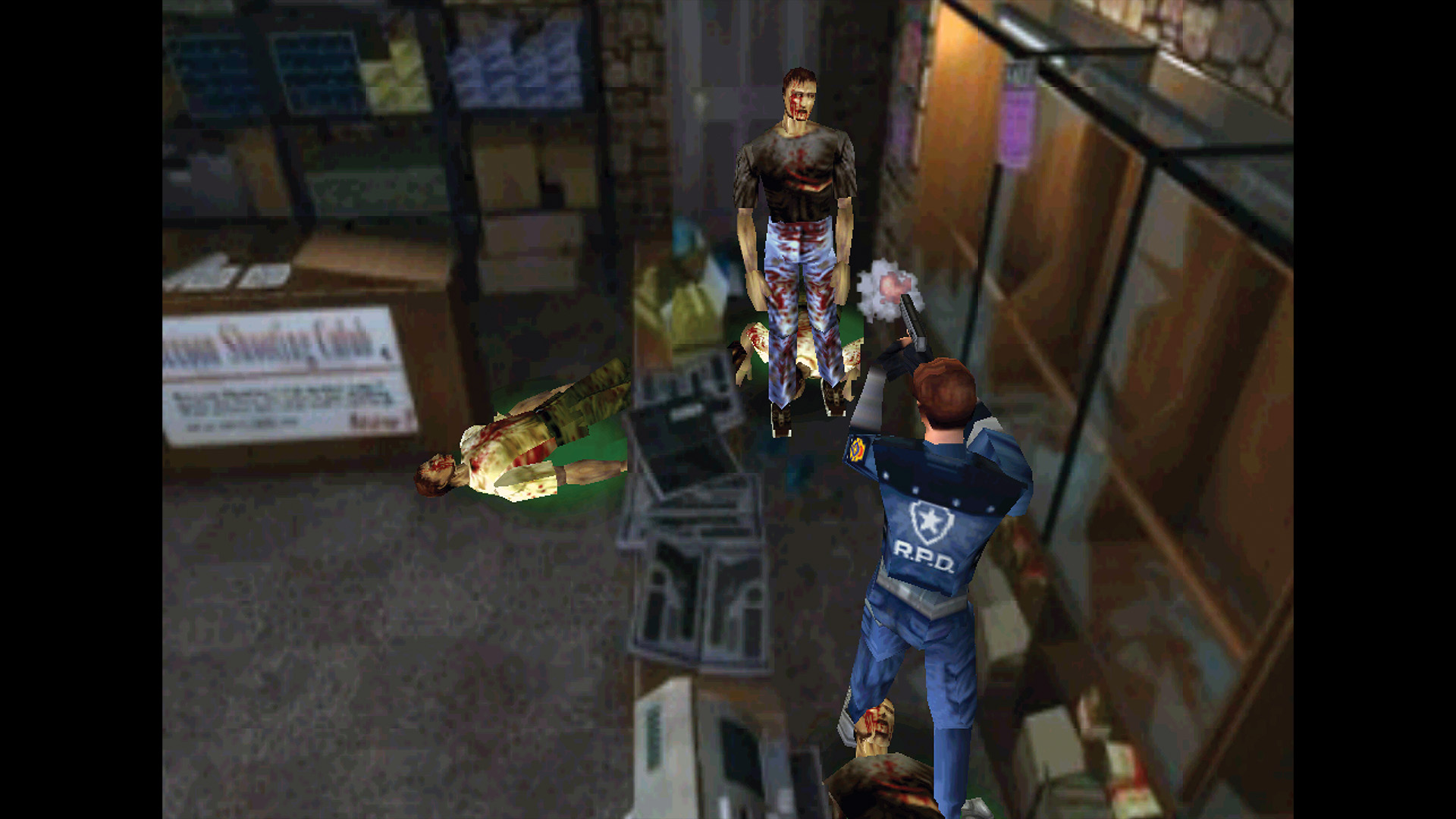 Leon Kennedy shoots zombies in Resident Evil 2 for the Nintendo 64, from a Retro Gamer article