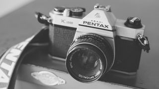 Pentax K1000 film camera in black and white