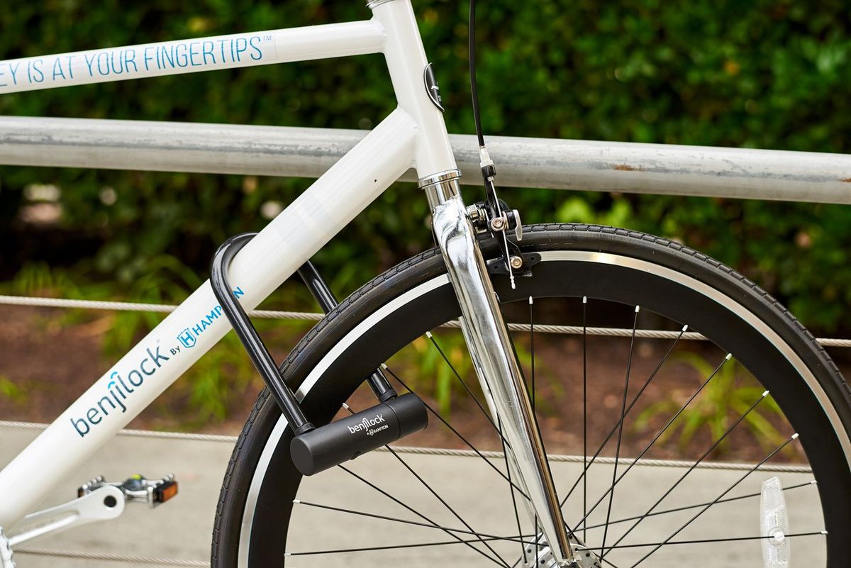 Benjilock U-Lock installed on a white bicycle