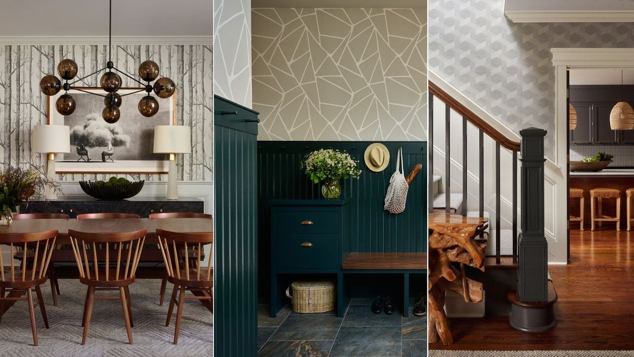 Three images of spaces designed by House of Funk: a dining room, a mudroom, and an entryway