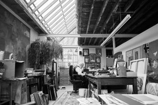 portrait of Peter Blake in his studio in Chiswick, London