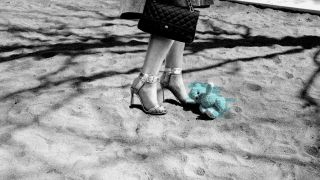 White, Photograph, Black, Black-and-white, Water, Leg, Human leg, Footwear, Monochrome photography, Sand,