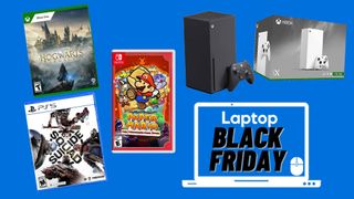 Hogwarts Legacy for xbox one, suicide squad kill the justice league for PS5 and Paper Mario the thousand-year door game cover art with Xbox Series X carbon and all-digital Xbox series X robot white against blue background