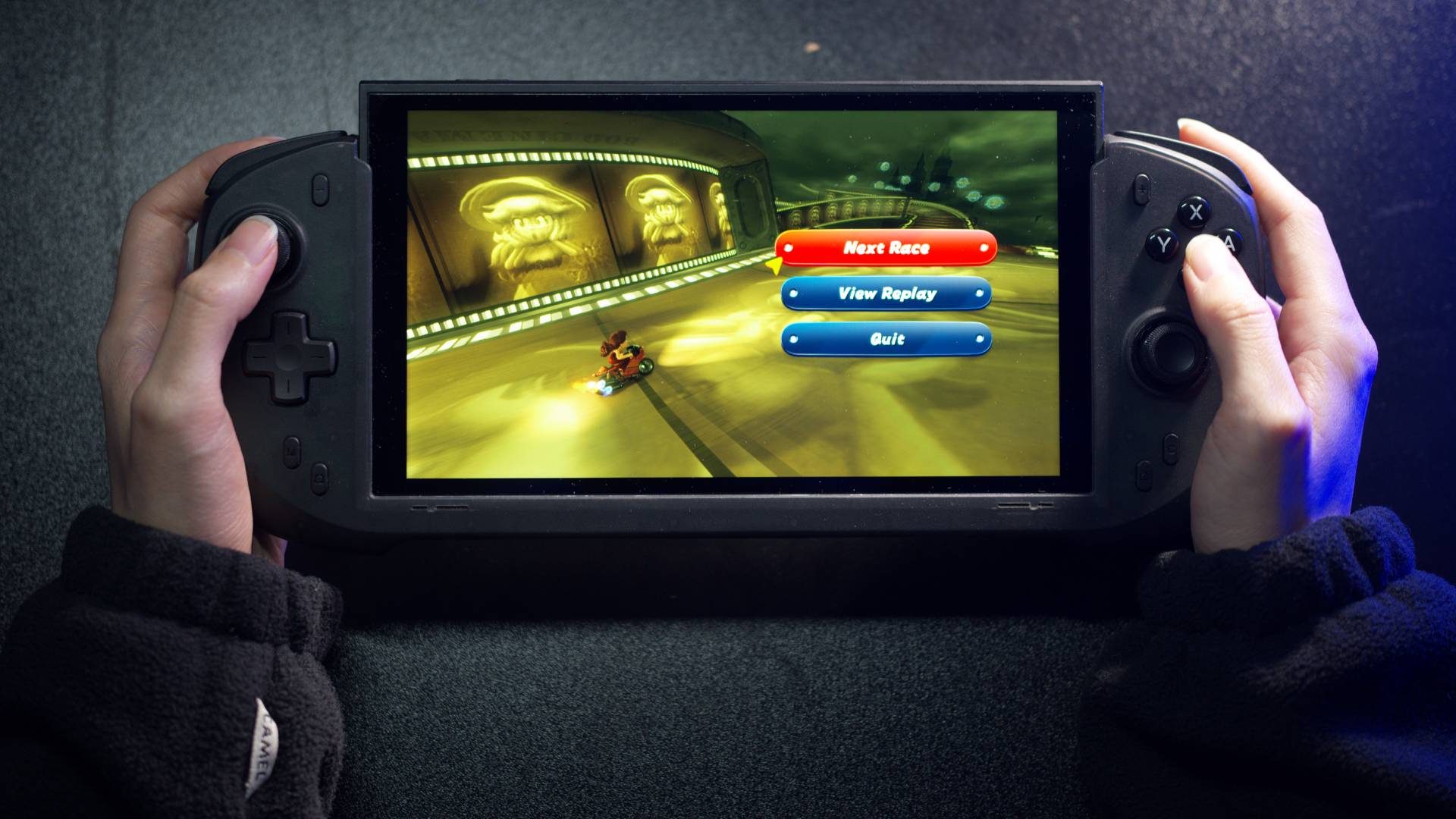 Image of someone holding the abxylute N6 controller while Mario Kart World is running.