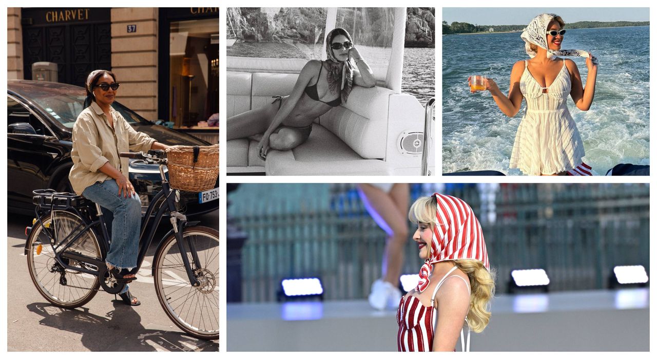 a collage of four women wearing retro hair scarves in various cities and locations