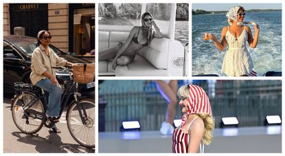 a collage of three women wearing retro hair scarves on boats and on vacation