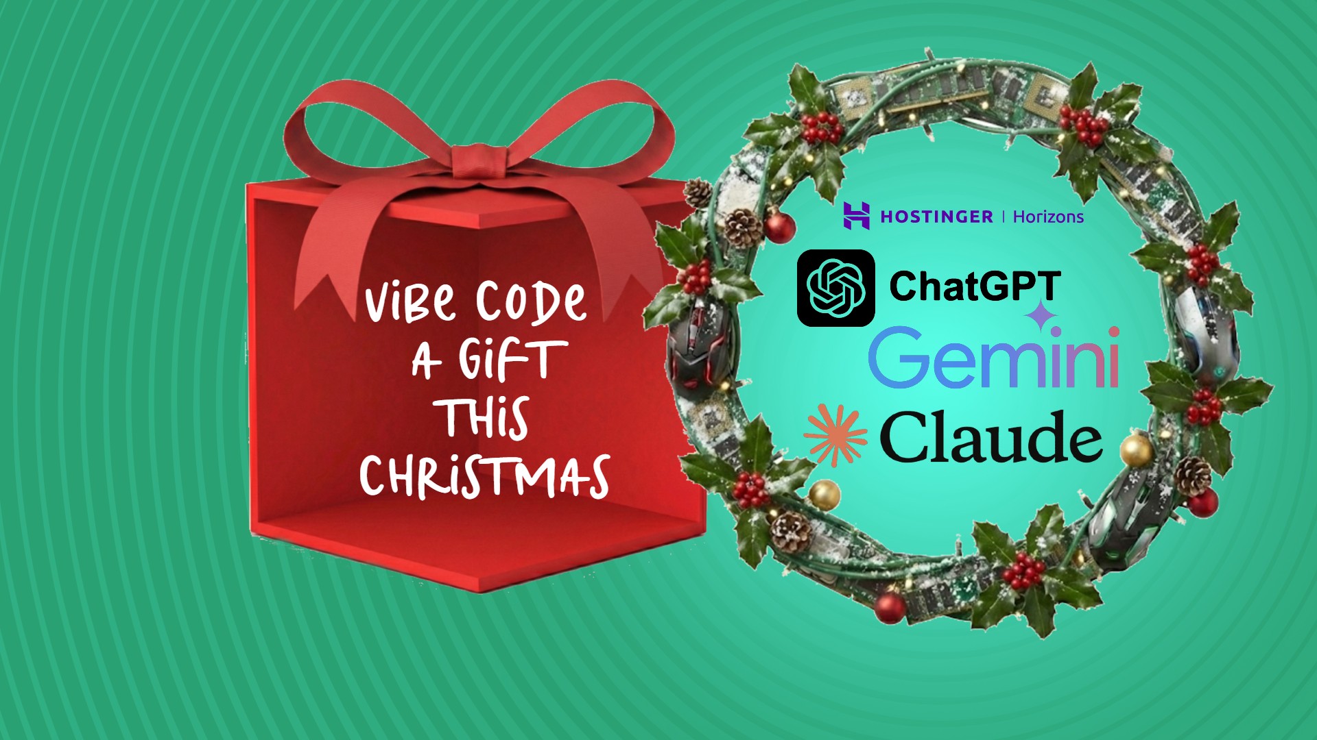 An image with the text vibe coding for Christmas inside a giftbox next to a reef with the logos of LLMs