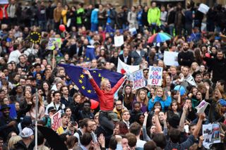 LONDON, ENGLAND - JUNE 28: Protesters demonstrate against the EU referendum result outside the Houses of Parliament on June 28, 2016 in London, England. Up to 50,000 people were expected befo