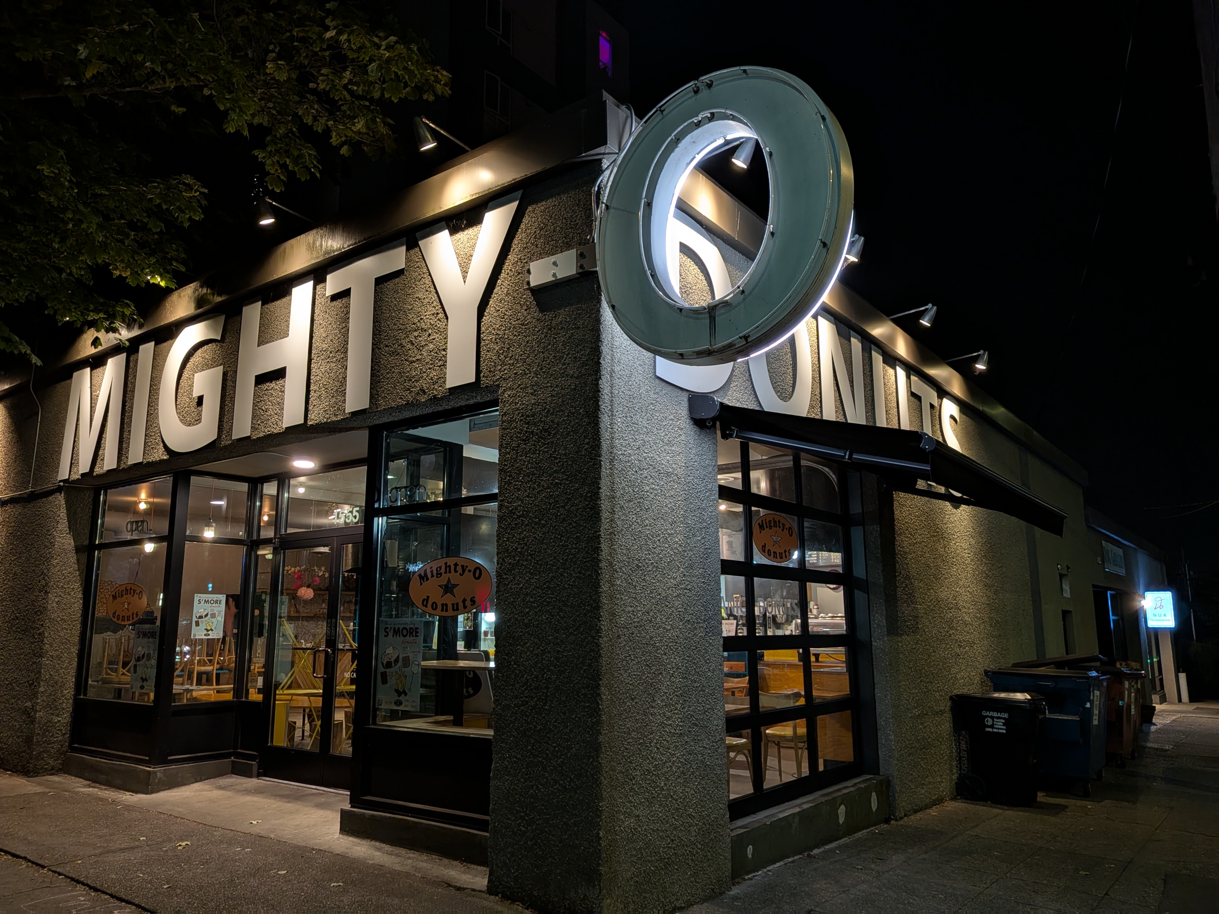 A storefront at night