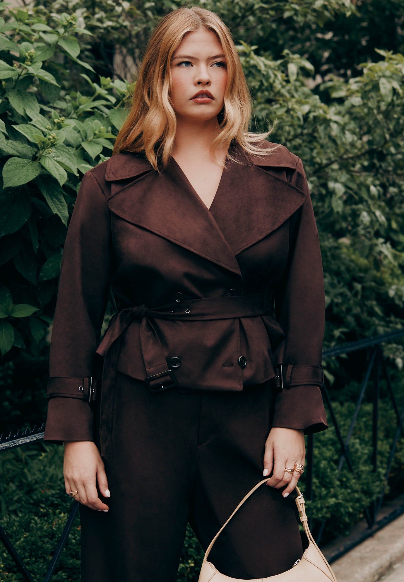 Cropped Faux Suede Trench Jacket