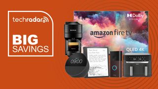 Collage of an Amazon Fire TV, Kindle Scribe, Nespresso coffee maker, Echo Spot, Ring Doorbell and Tefal air fryer on an orange background