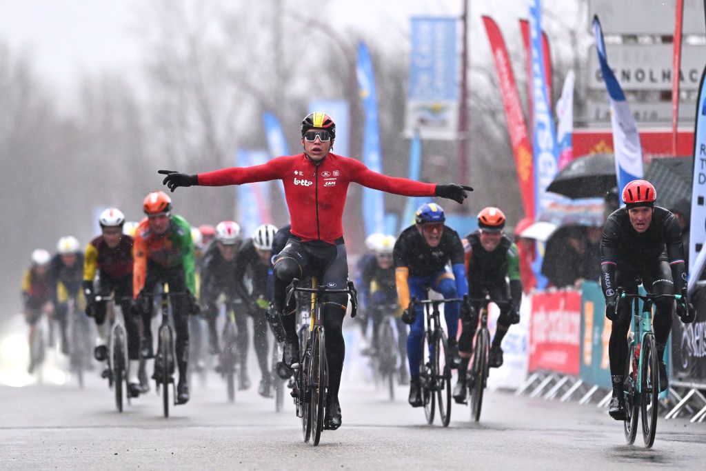 BESSEGES FRANCE FEBRUARY 07 LR Arnaud De Lie of Belgium and Team Lotto White Best Young Rider Jersey celebrates at finish line as stage winner ahead of Arnaud Demare of France and Team Arkea BB Hotels during the 55th Etoile de Besseges Tour du Gard 2025 Stage 3 a 1362km stage from Besseges to Besseges Race shortened due to adverse weather conditions on February 07 2025 in Besseges France Photo by Billy CeustersGetty Images