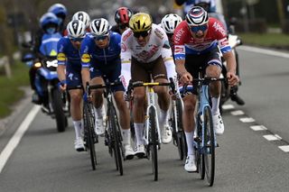 Belgian Greg Van Avermaet of AG2R Citroen Team and Dutch Mathieu van der Poel of AlpecinFenix pictured in action during the E3 Saxo Bank Classic cycling race 2039km from and to Harelbeke Friday 26 March 2021 BELGA PHOTO DIRK WAEM Photo by DIRK WAEMBELGA MAGAFP via Getty Images