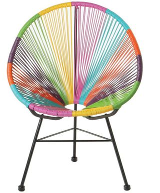 A multicolored wire outdoor rocking chair
