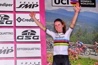 TIVOLI ITALY SEPTEMBER 14 Podium Annemiek Van Vleuten of The Netherlands and Team Mitchelton Scott World Champion Jersey Celebration during the 31st Giro dItalia Internazionale Femminile 2020 Stage 4 a 1703km stage from Assisi to Tivoli 237m GiroRosaIccrea GiroRosa on September 14 2020 in Tivoli Italy Photo by Luc ClaessenGetty Images