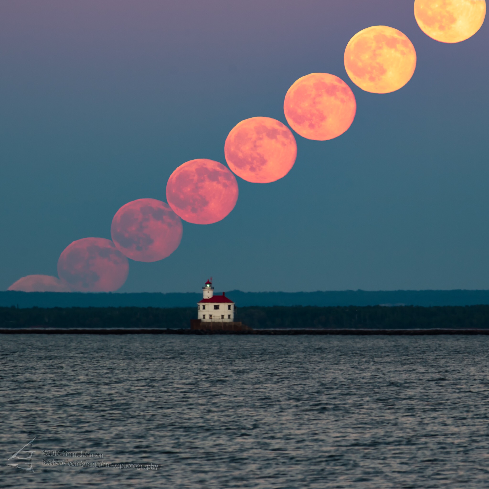 A series of shots of the full moon on June 20, 2016, taken from Duluth, Minnesota&#039;s Park Point beach. The Superior Entry Lighthouse can be seen in the foreground. The photo was sent in by photographer Grant Johnson. 