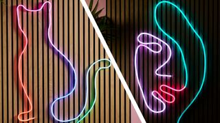 This split image shows the Nanoleaf rope light in the shape of a cat on the left, and the Govee rope light in the shape of a woman's face on the right.