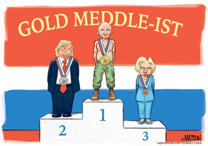 Political cartoon U.S. Russian hacks election meddling Trump Putin Hillary Clinton
