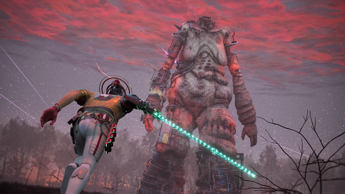 Romeo runs towards a massive Shadow of the Colossus-like monster in Romeo is a Dead Man against a moody red sky