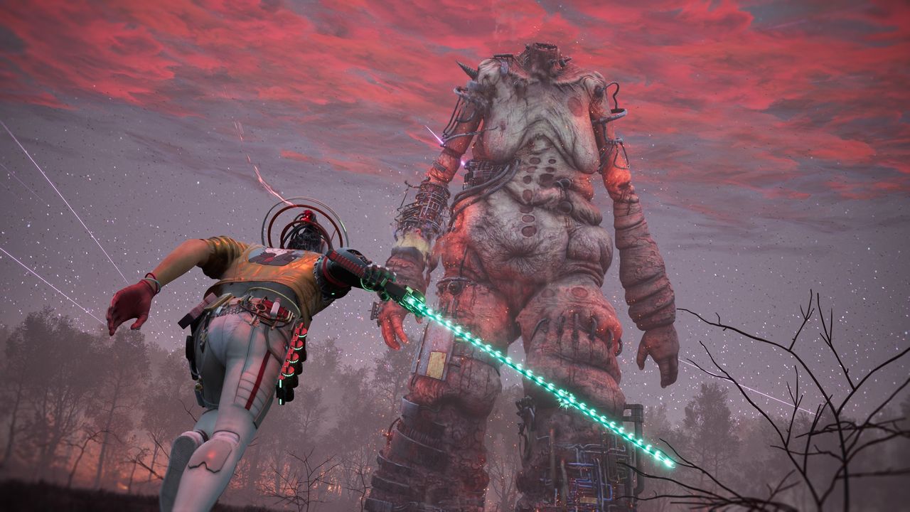 Romeo runs towards a massive Shadow of the Colossus-like monster in Romeo is a Dead Man against a moody red sky