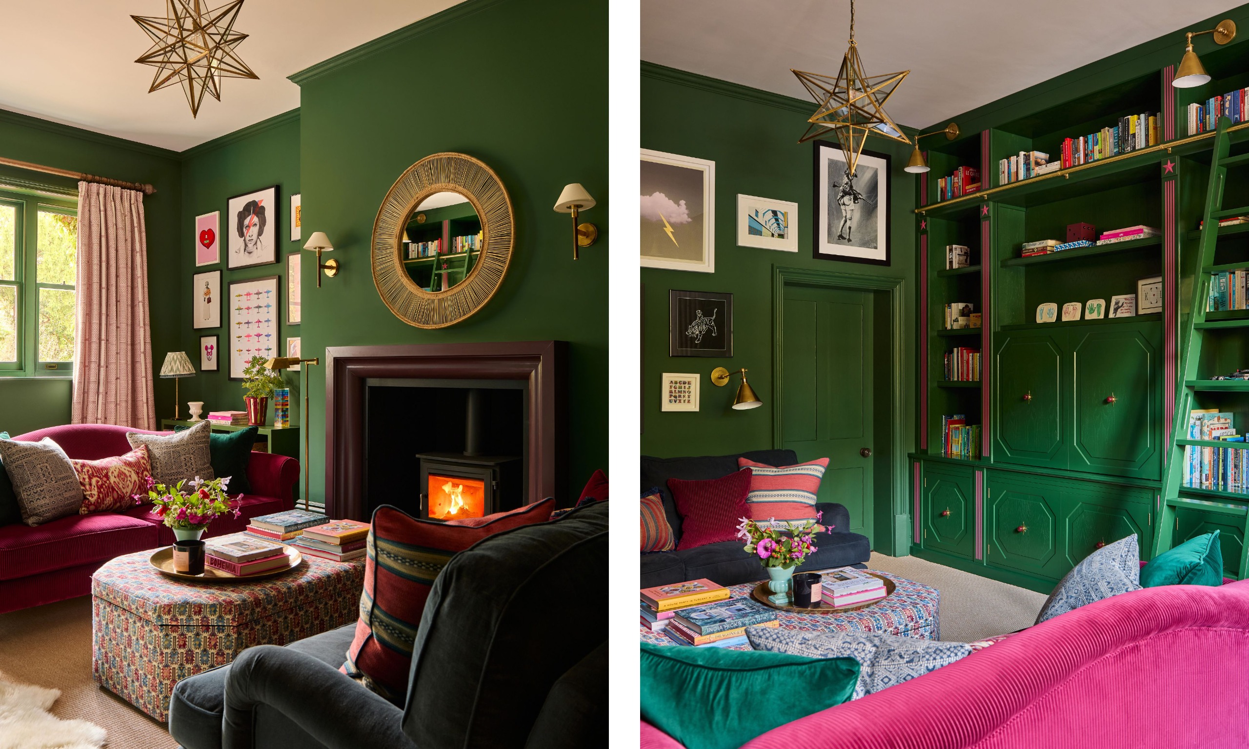 A snug room painted dark green with a white ceiling, a wall of built-in shelving and cupboards, a gallery wall of artwork, and a star-shaped ceiling light. A bright pink sofa, patterned ottoman, and patterned cushions.
