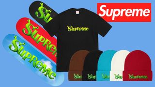 A Shrek/Supreme branded T-shirt, assortment of hats and assortment of skateboard decks on a light blue background