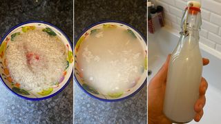 My DIY rice water for hair (L-R) After the first mix; after three hours, after an overnight ferment, ready to be applied