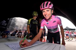 Overall leader Annemiek van Vleuten (Mitchelton-Scott) signs in at stage 8 Giro Rosa