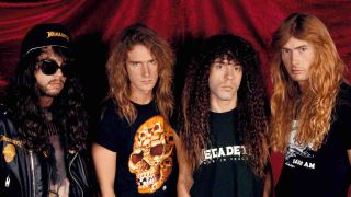 Megadeth in 1990: (l-r) Nick Menza, David Ellefson, Marty Frieman, Dave Mustaine
