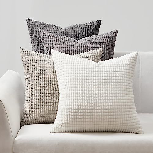 Topfinel Grey Couch Pillow Covers for Living Room 45x45 Cm Set of 4,mid Century Modern White Neutral Corduroy Corn Throw Pillows,rustic Square Bench Chair Cushion(18 Inch/dark Gray)