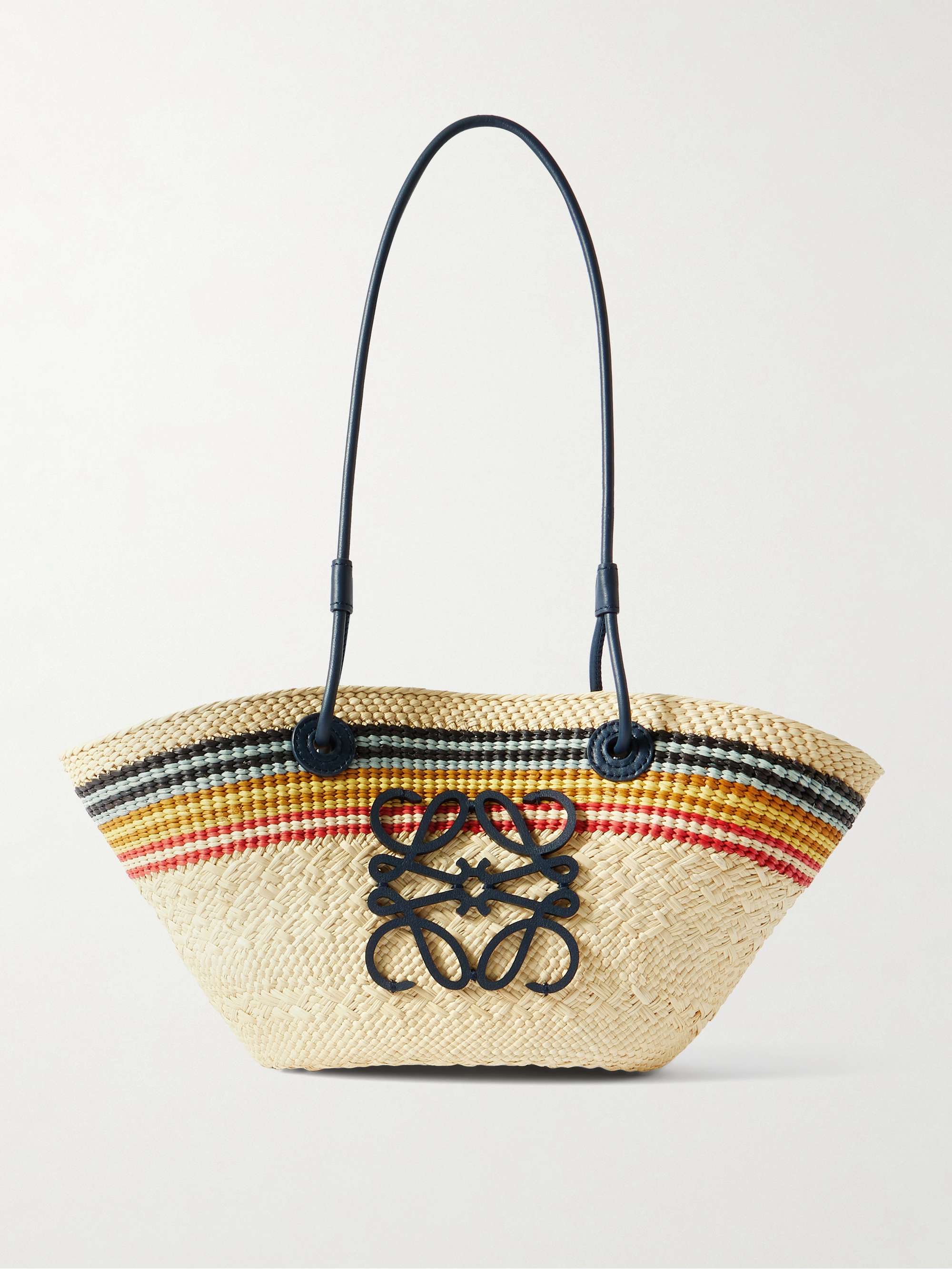 + Paula's Ibiza Anagram Basket Small Leather-Trimmed Striped Raffia Tote