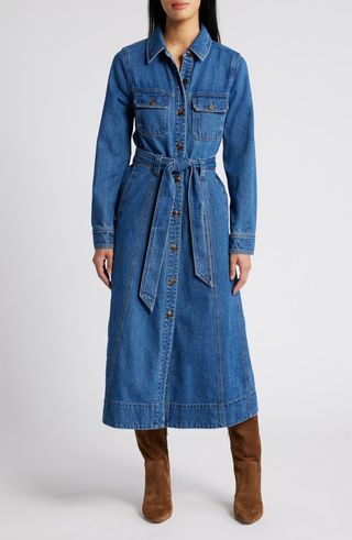 Tie Waist Long Sleeve Denim Maxi Dress