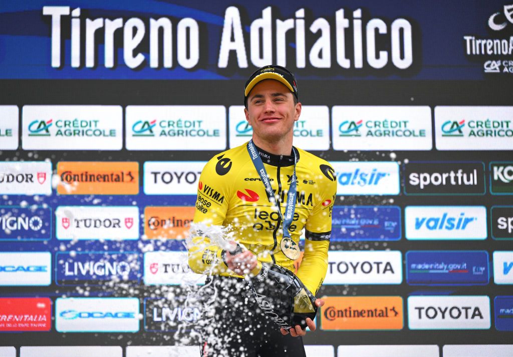 TRASACCO ITALY MARCH 13 Olav Kooij of The Netherlands and Team Visma Lease A Bike celebrates at podium as stage winner during the 60th TirrenoAdriatico 2025 Stage 3 a 190km stage from Norcia to Trasacco UCIWT on March 13 2025 in Trasacco Italy Photo by Tim de WaeleGetty Images